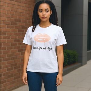 White Graphic Tee with Pink Dripping Lips Print